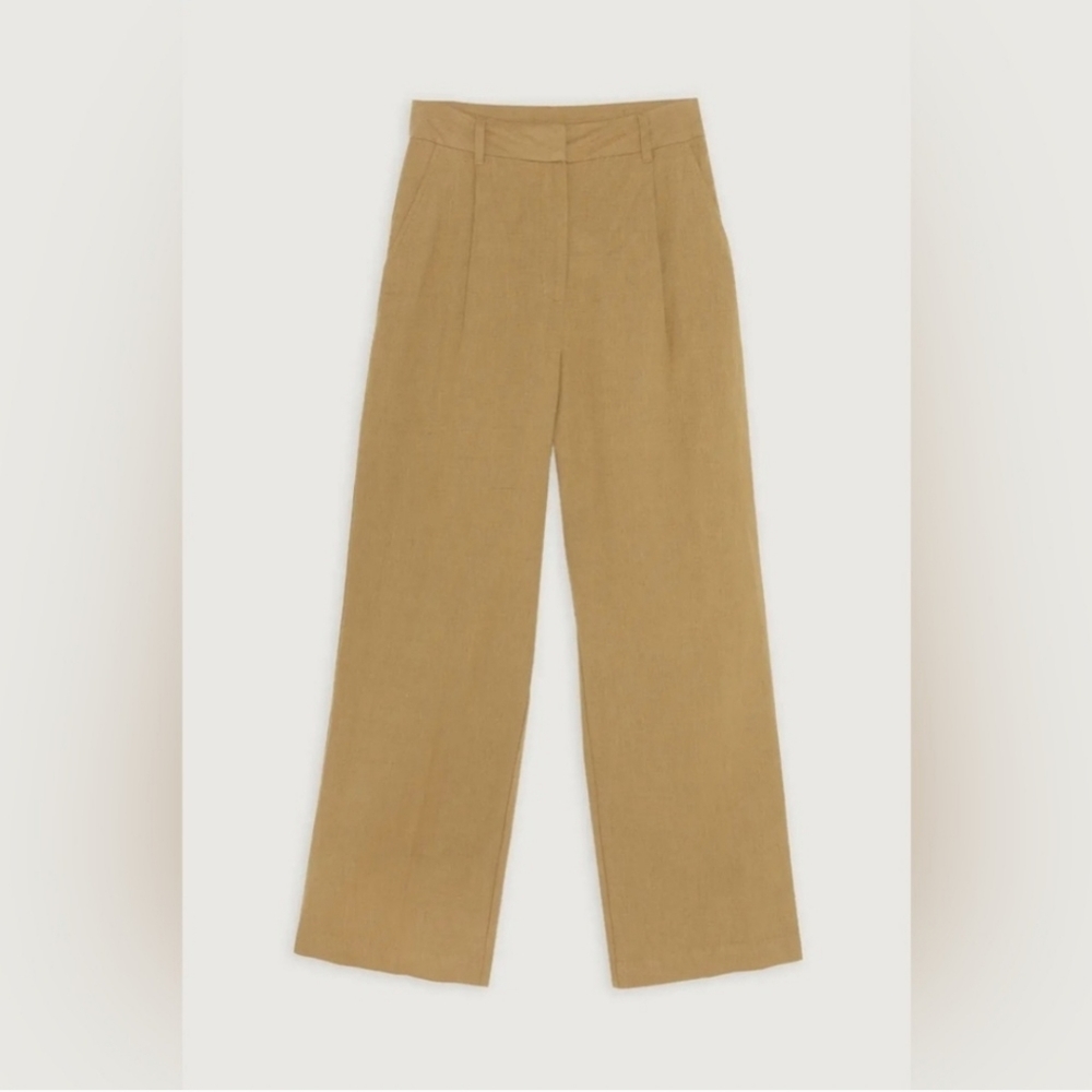 (2/$40) Oak + Fort Linen High-Rise Trouser Pants Olive Neutral Basic
